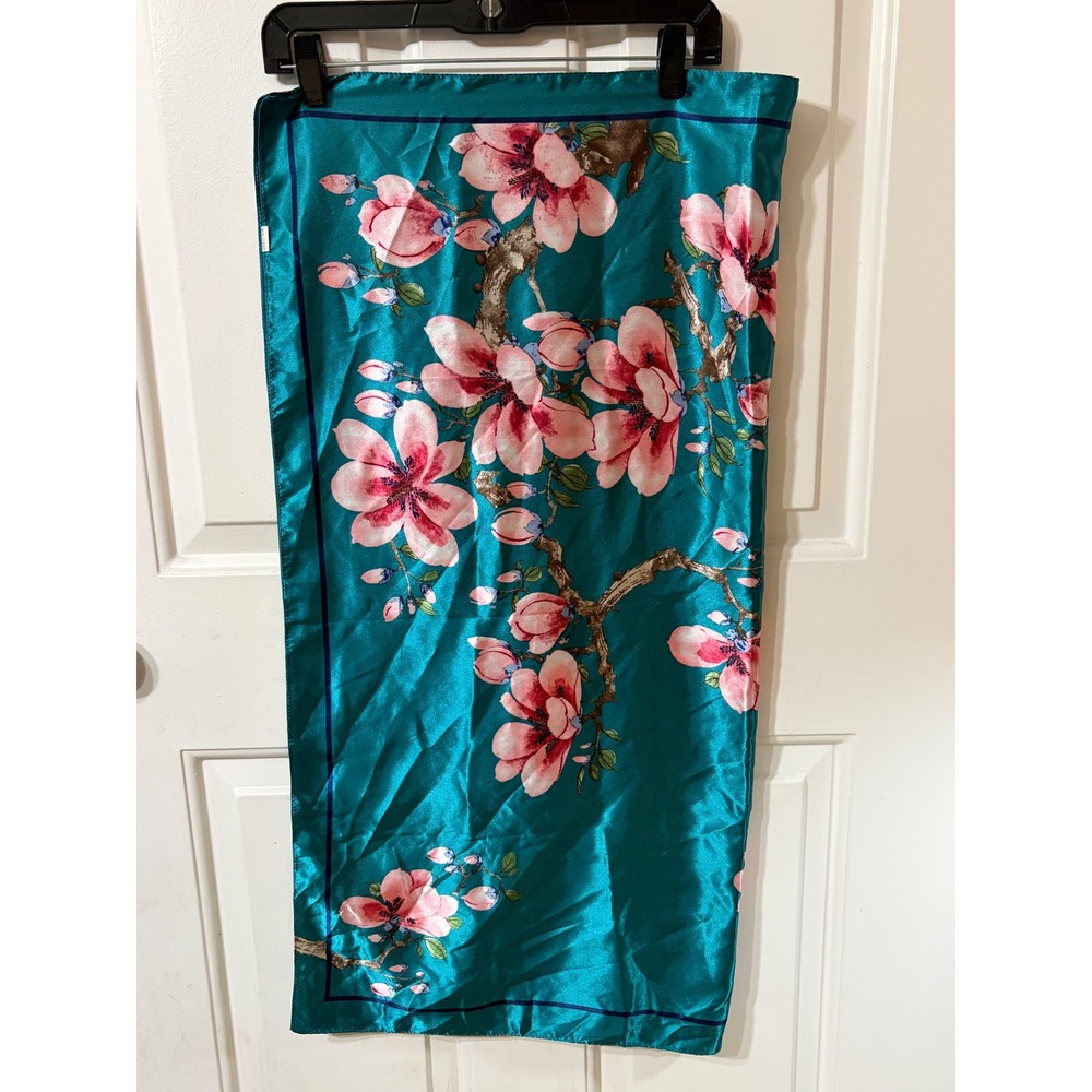 | Square Satin Floral Cherry Blossom Scarf | 90x90cm || Teal|